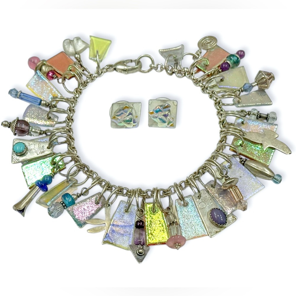 Harold Lujan Dichroic Rainbow Glass Charm Bracelet and Earrings Set